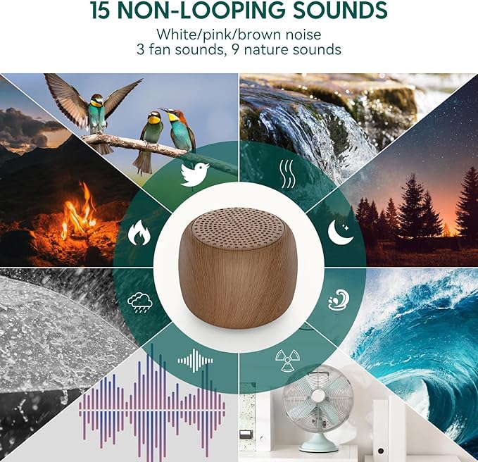Babelio White Noise Sound Machine for Adults Kids Baby, Mini, 15 Non-looping Sounds, Timer, Memory Function, Easy to Pocket and Travel Wood 2 Pack