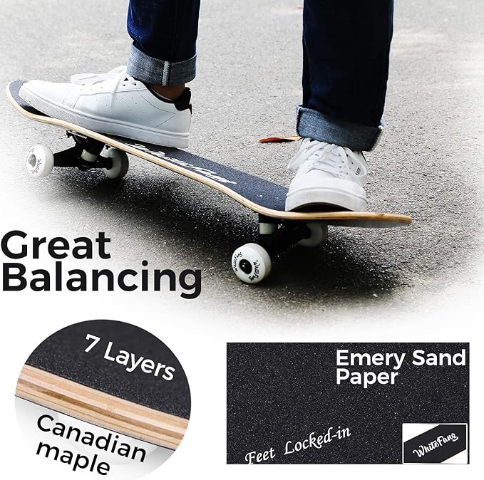 WhiteFang Skateboards for Beginners, Complete Skateboard 31 x 7.88, 7 Layer Canadian Maple Double Kick Concave Standard and Tricks Skateboards for Kids and Beginners