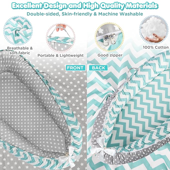 KISS GOLD Baby Lounger - Breathable Soft Cotton Cover Baby Lounger Nest, Babies Essentials Gifts, Portable Lounger for Baby Tummy Time Floor Playing Seated Support for Home and Travel