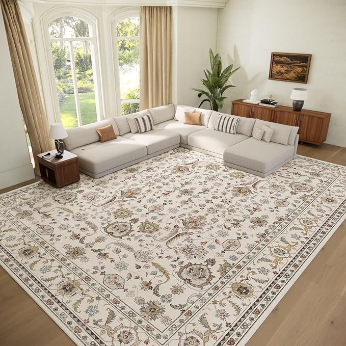 Washable 9x12 Area Rugs for Living Room, Boho Non-Slip Silicone Backing Rugs for Bedroom Dining Room Nursery Office, 0.3" Neutral Oriental Throw Carpet with 0.16" Cushioning Pad, Light Beige/Multi
