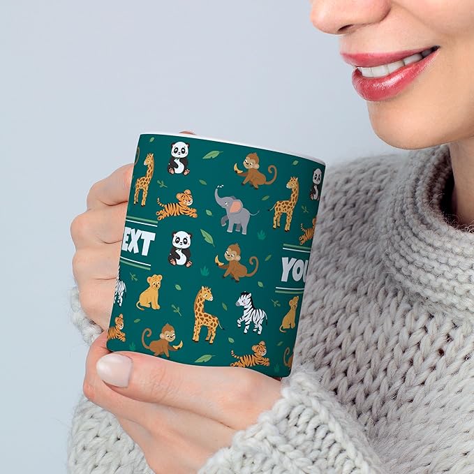Personalized Mug for Kids - Zoo Animals - Custom Name/Text, Ceramic Hot Chocolate/Cocoa/Coffee Cup for Boys/Girls, Birthday/Christmas/Holiday Gift - 11 oz, Red Handle