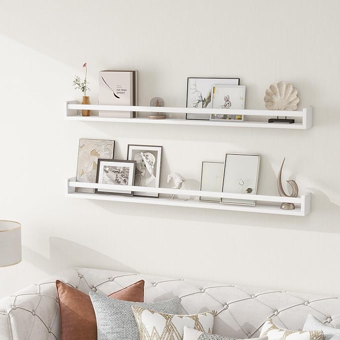 Fun Memories Nursery Book Shelves - Rustic Natural Solid Wood Floating Bookshelf for Kids - Wall Book Shelves for Kids Room (White, 48inch - 2P)