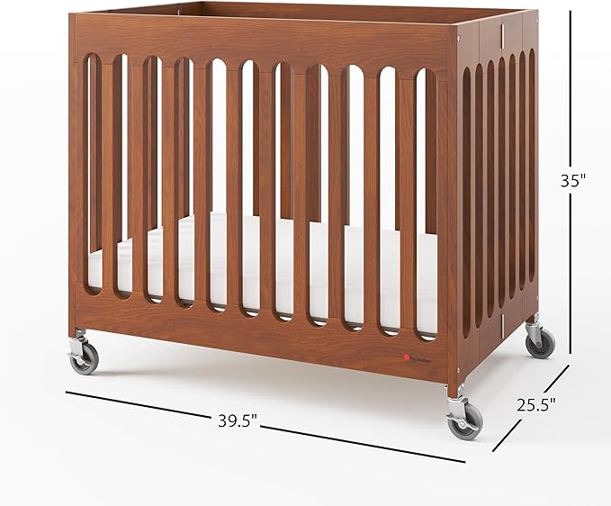 Foundations Boutique Folding Hotel Crib and Sheet Bundle - Includes Wooden Mini Crib with 3" Foam Mattress (Cherry) and 6-Pack White Fitted Compact Sheets