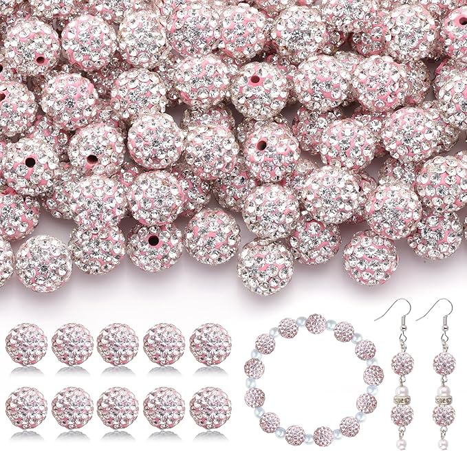 200pcs 10mm Rhinestone Beads for Jewelry Making, Pink White Shiny Round Disco Ball Beads Bulk, Sparkle Crystal Clay Christmas for Bracelet Baseball Necklace Earring Crafting and DIY