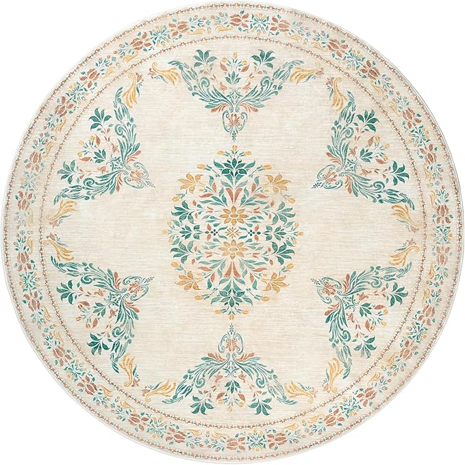 jinchan Round Rug 4ft Area Rugs Vintage Floral Distressed Design,Machine Washable Soft Non-Slip Low-Pile Ultra-Thin Circle Rug for Entryway Bedside Living Room Kitchen Nursery (4' Round,Apricot Multi)