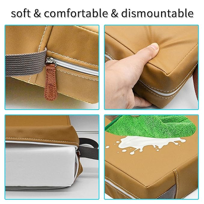 Toddler Booster Seat for Dining Table, PU Washable Double Safe Straps Non-Slip Bottom Booster Seat Dining Toddler, Portable Travel Increasing Cushion (Khaki)