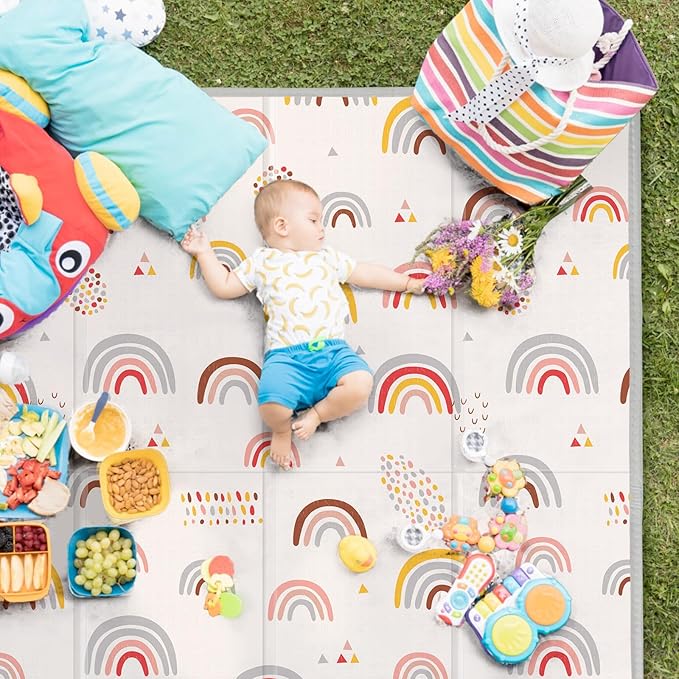 Foldable Baby Play Mat, PIGLOG 50x50 Playpen Mat, Waterproof Playmats for Babies and Toddlers Kids, Safe Foam Playmat for Tummy Time, Reversible Portable Baby Floor Mat for Infant, Colorful+Rain