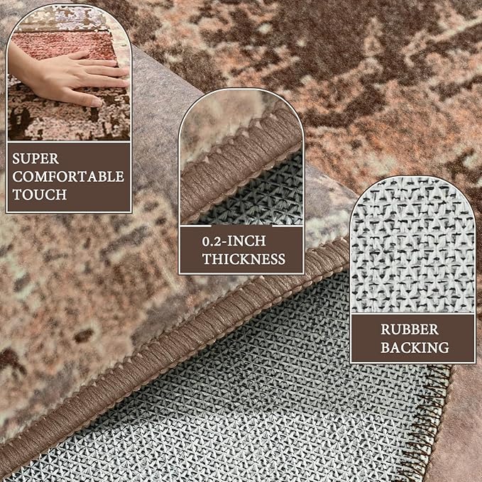 LOCHAS Rug for Living Room, Washable Soft Area Rugs for Bedroom 6x9, Abstract Carpet for Indoor Office Kids Dining Room Nursery Floor, Brown Geometric Vintage Home Decor, Non Slip, Pet Child Friendly