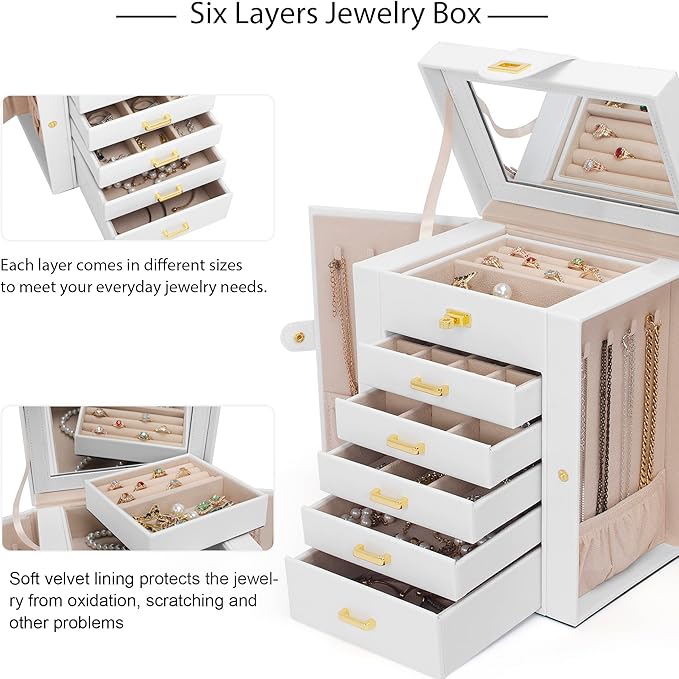AKOZLIN Large Jewelry Box Organizer Functional with Big Mirror, Leather Jewelry Storage Case for Women Girls Ring Necklace Earring Bracelet Holder Organizer White