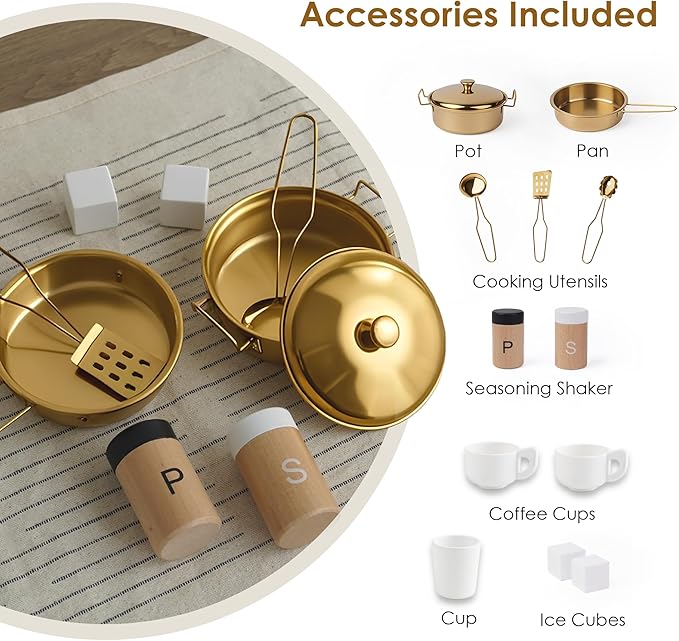 Interactive Wooden Play Kitchen for Kids 3+ Realistic Stove Sounds & Ice Maker Pretend Playset with 12 Kitchen Accessories Montessori Toy