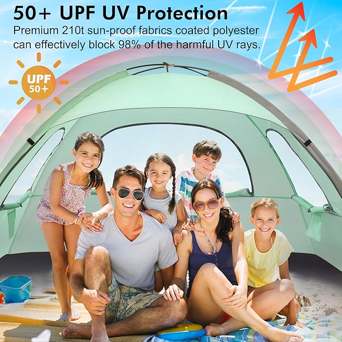 WhiteFang Beach Tent Anti-UV Portable Sun Shade Shelter for 3/4/6/8 Person, Extendable Floor with 3 Ventilating Mesh Windows Plus Carrying Bag, Stakes and Guy Lines