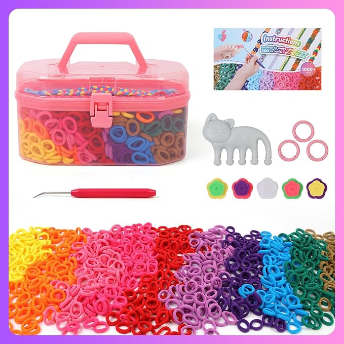 FUNiOi Kids Art and Craft Kit, Rubber Band Bracelet Make Toy, Cat Weaving Comb, 1000+ Colorful Hair Ties, DIY, Organizer Case, Gift for Girls 7-12 Years