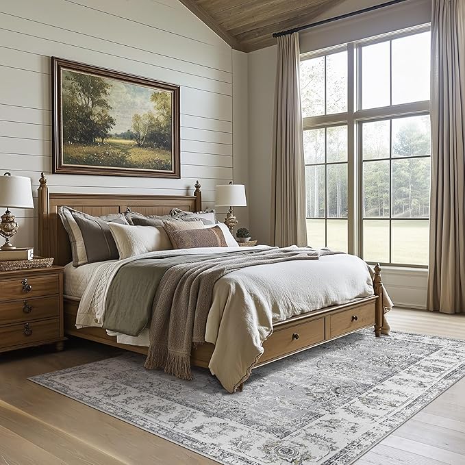 jinchan Vintage Floral 5x7 Area Rugs for Bedroom - Machine Washable Distressed Design Stain Resistant Boho Carpet Ultra-Thin Low Pile Non-Slip Rug for Living Room Dining Room Kitchen (5‘x7',Grey)