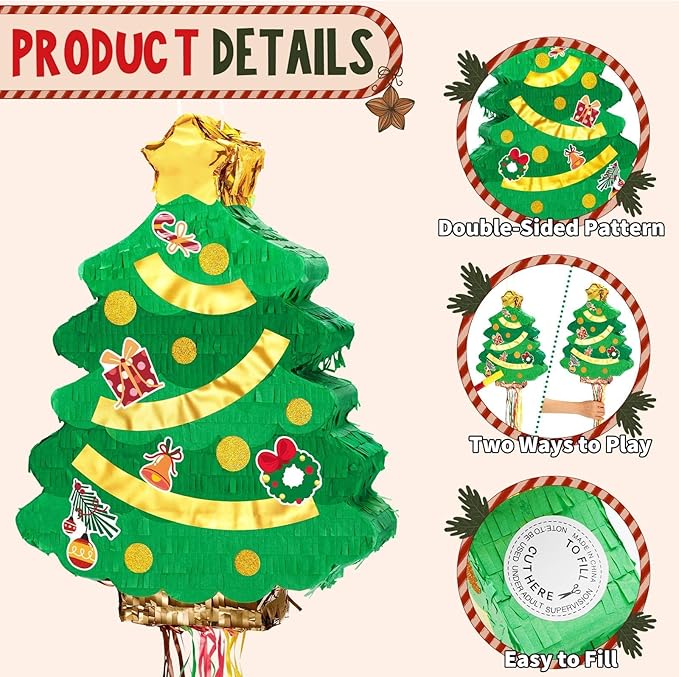 Wernsai Christmas Piata Large Pull String with Blindfold Bat - Cute Tree Design for Christmas Party Games - Green, 16.5' x 12.4'