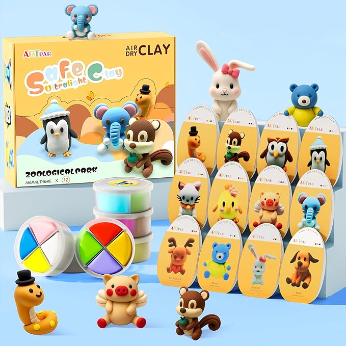 Air Dry Clay Kits for Kids-Modeling Magic Clay,12 Animals DIY Molding Clay Art Crafts Set,Ultra Light & Soft, Safe & Non-Toxic with Sculpting Tools & Tutorials, Unique Gifts for Boys & Girls