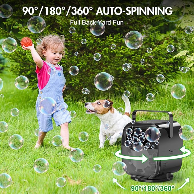 5000mAh Rechargeable Bubble Machine, 90°/180°/360° Auto Rotation, 3 Speeds, Automatic Bubble Blower for Parties, Weddings, Getherings Indoor Outdoor, Bubble Maker Toy for Toddlers, Kids, Pets
