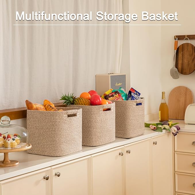 OIAHOMY Storage Cubes 11 Inch Storage Bins-3-Pack, Cotton Rope Woven Baskets for Organizing, Square Storage Baskets for Shelves Organizer, Classroom, Kids Toy Bins, Closet, Baby Nursery-Brown
