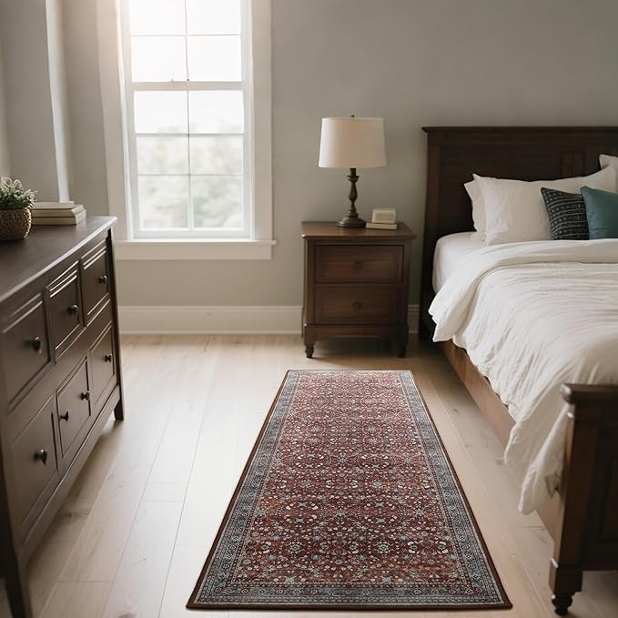 2x6 Washable Kitchen Runner Rug for Hallways, Non Slip Laundry Runners for Bathroom, Low Pile Rubber Backed Rugs for Entryway, Vintage Floral Carpet for Living Room Bedroom Brick Red