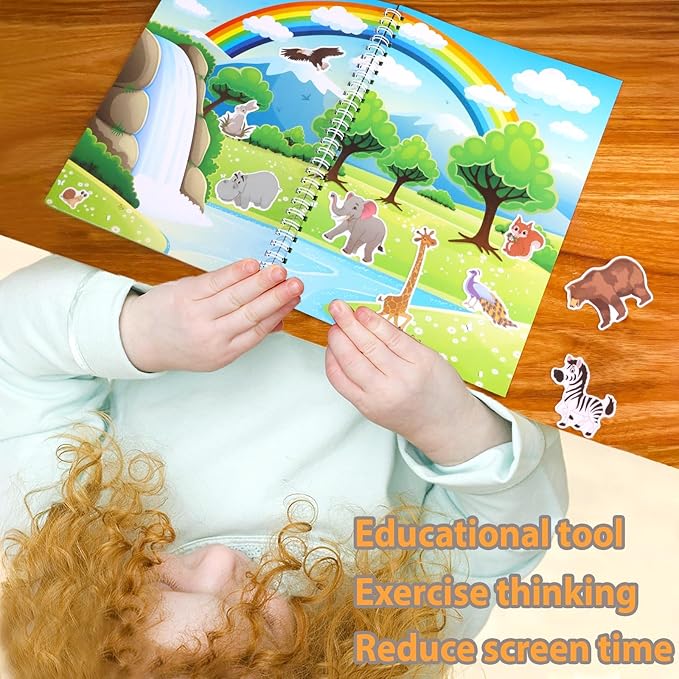 Jelly Sticker Book for Kids 2-4 Travel Essentials, Reusable Sticker Book + 8 Scenes + 2 Matching Games + 51 Large Animal Stickers for 1-3 Toddler Activities (Animals)