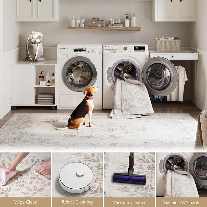 jinchan Hallway Runner Rug 2x10 Vintage Floral Distressed Design - Machine Washable Non-Slip Low-Pile Soft Thin Faux Wool Kitchen Carpet for Farmhouse Bedroom Laundry Room(2x10ft,Light Grey)