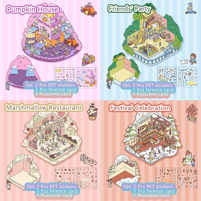 DIY 3D Sticker Scene，8 Sets Pack（600+） Large-Sized, Reusable Sticker Book, Cute Sets for Free Combination, Waterproof for Anywhere, Crafts Party Favors Birthday Gift