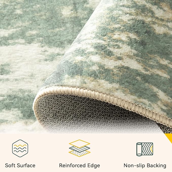 Washable Area Rugs 8'x10' Non-Slip Modern Abstract Soft for Living Room Entryway Bedroom Nursery, Print Pattern, Light Green/Yellow