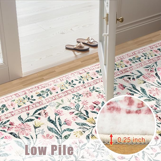 Area Rugs 9x12 Living Room: Floral Washable Rug Vintage Large Soft Boho Non-Slip Carpet Indoor Stain Resistant Low Pile Carpets for Bedroom Dining Room Farmhouse Nursery Hallway Home Office Pink Green