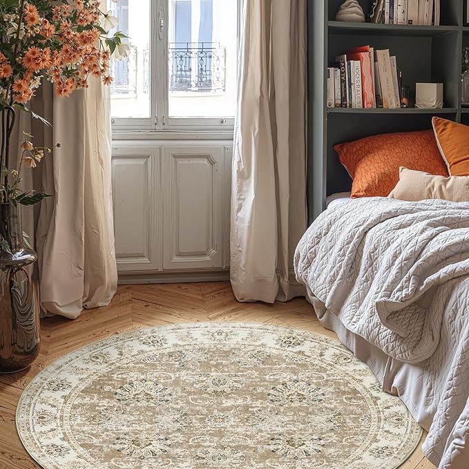 jinchan Round Rug 6ft Area Rug - Taupe Vintage Floor Mat Kitchen Indoor Ultra-Thin Soft Floral Print - Washable Circle 6' Retro Accent for Farmhouse Non Slip Dining Room Living Room Bedroom Office