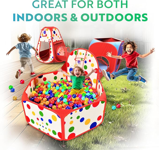Playz 5-Piece Kids Play Tents Crawl Tunnels and Ball Pit Popup Bounce Playhouse Tent with Basketball Hoop for Indoor and Outdoor Use with Red Carrying Case