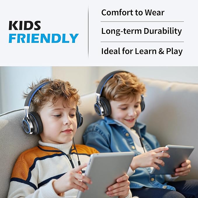 AILIHEN C8 Headphones Wired, On-Ear Kids Headphones with Microphone and Volume Control Foldable Corded Stereo 3.5mm Headset for School Teens Smartphones Chromebook Laptop Tablets Travel (Black Blue)