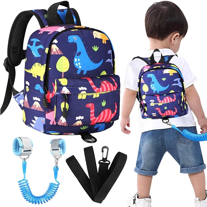 Accmor Toddler Backpack Leash with Anti Lost Wrist Link, Cute Mini Child Walking Harnesses Keep Kids Close Back Pack Rope Tether Rein for Baby Boys (Navy Blue/Dino)
