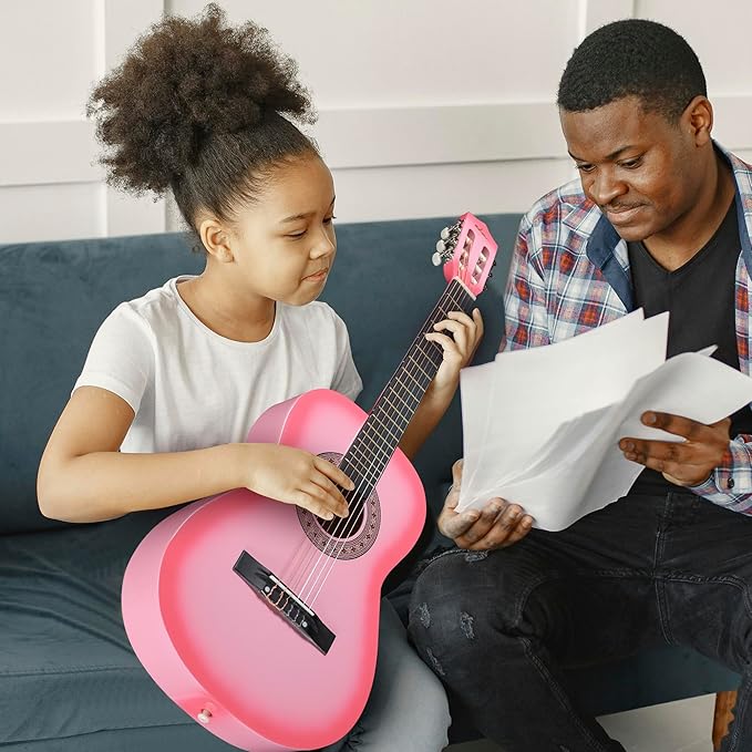 ADM Beginner Acoustic Classical Guitar 36 Inch Nylon Strings Wooden Guitar Bundle Kit for Kid Boy Girl Student Youth Guitarra Online Lessons with Gig Bag, Strap, Tuner, Strings, Picks, Pink