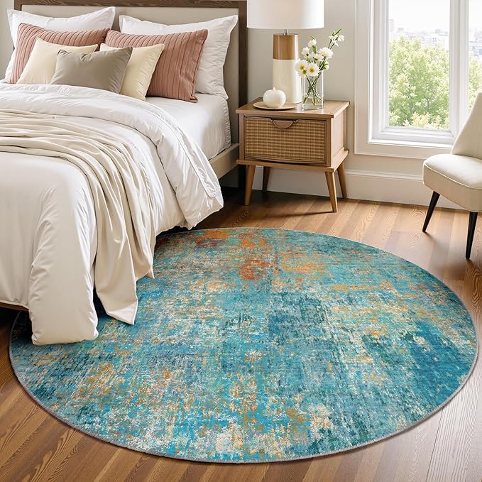 Washable Area Rugs 4ft Non-Slip Modern Abstract Soft for Living Room Entryway Bedroom Nursery, Print Pattern, Teal Blue Green Orange Rust Red Colorful