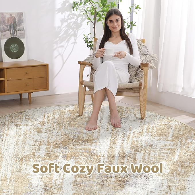 Round Rug Living Room Rugs: 10x10 Washable Circle Large Abstract Modern Soft Stain Resistant Non-Slip Indoor Floor Carpet for Bedroom Nursery Office Dining Room Playroom Home House Decor - Gray Gold
