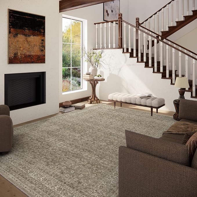 Washable Area Rugs for Living Room: 8x10 Bedroom Area Rug Boho Vintage Rugs Stain Resistant Non Slip Low Pile Soft Lightweight Carpet for Kitchen Dining Room Farmhouse Nursery Kids Room