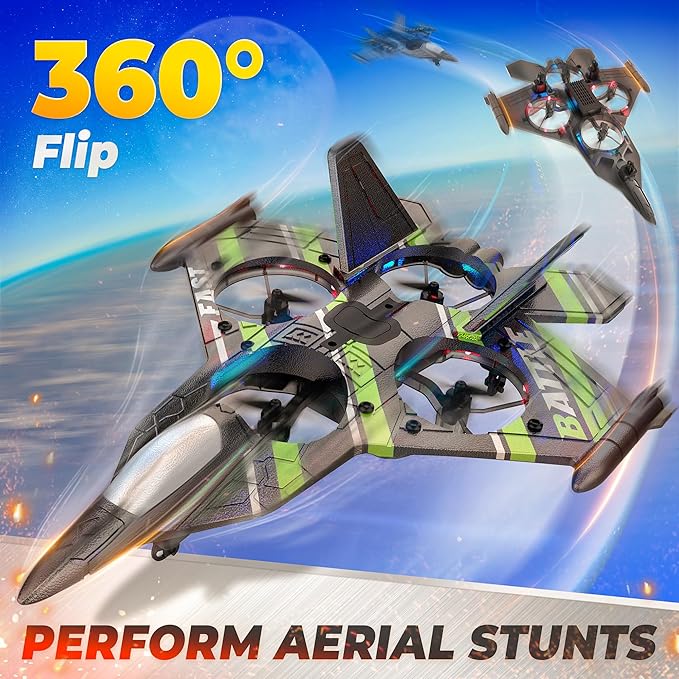 BEZGAR Drones for Kids | 2.4GHZ RC Plane, Remote Control Airplane, RC Helicopter, 360° Flip Fighter Jet Toy, Toys for Ages 8+ with Colorful LED Navigation Lights Green