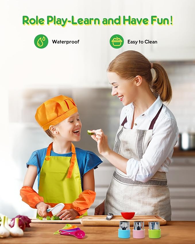 38 Pcs Kids Knife Set, BPA Free Montessori Kitchen Cooking Tools-Kid Safe Knifes, Crinkle Cutters, Avocado Slicer, Cutting Board, Peeler, Apron Gloves Set, Kitchen Tools for 3+ Year Old Girl Boy
