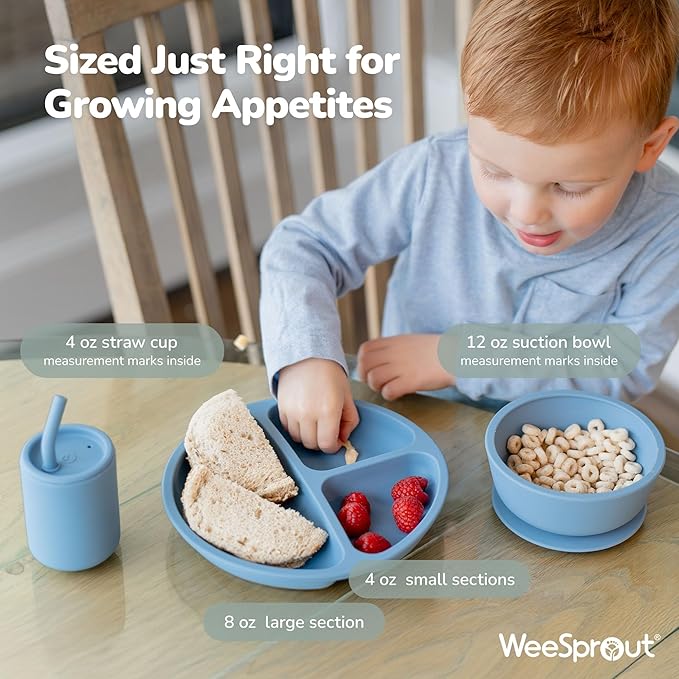 WeeSprout Baby Led Weaning Bundle, Silicone Suction Bowl, Spoons, Bib & Cup, Develops Self Feeding Skills, Dishwasher Safe (Blue)