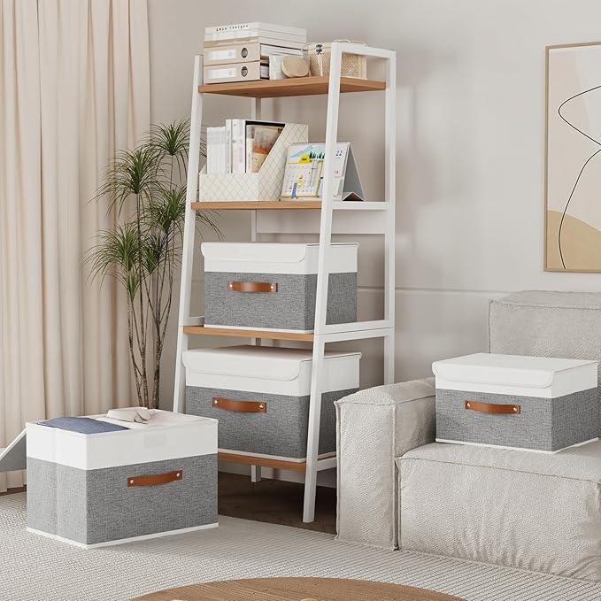 Yawinhe Storage Bins with Lids, Fabric Foldable Boxes, Washable and Leather Handle, Cube Organizer Basket for Home, Closet, White/Grey, 17.7''Lx11.8''Wx11.8''H, 1-Pack, USNK024WGX-1