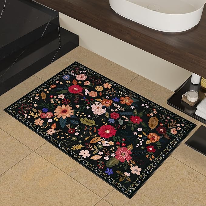 2x3 Washable Rug for Entryway, Floral Soft Small Area Rug, Non Slip Doormat Indoor Entrance Carpet, Flower Low Pile Front Door Throw Rug for Bedroom, Kitchen, Laundry, Bathroom, Black