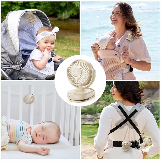 Momcozy Portable Fan with Clip | 4-Speed Mini-Fan for Carrier | Personal Fans Ultra Lighter 0.26lb | Gaps ≤4.5mm | Handheld Cooling | Rechargeable Rotate for Diaper Backpack/Stroller/Carrier/Chair