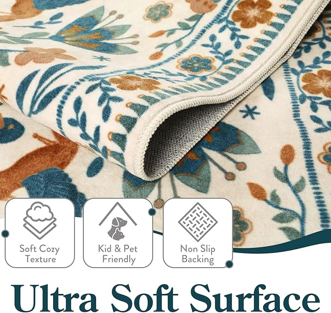 Moynesa Boho Bird Round Rug 6ft, Machine Washable Circle Area Rug for Living Room Ultra Thin Soft Large 6'x6' Bedroom Carpet for Office Kitchen Dining Room Under Table, Indoor, Easy Clean, Beige