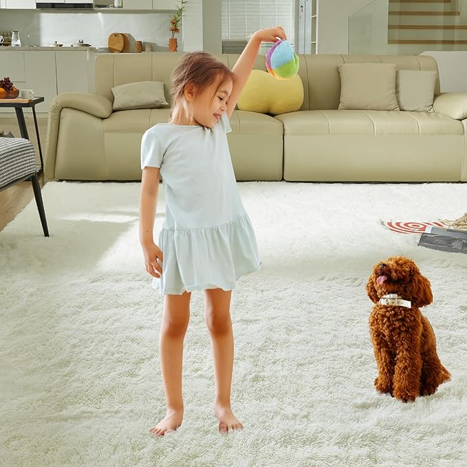 Ultra Soft Rug for Living Room, 8X10 Fluffy Shag Area Rug for Bedroom, Modern Shaggy Carpets Fuzzy Rug for Teens Dorm Nursery Home Decor Aesthetic, Upgrade Anti-Skid Durable, Cream White