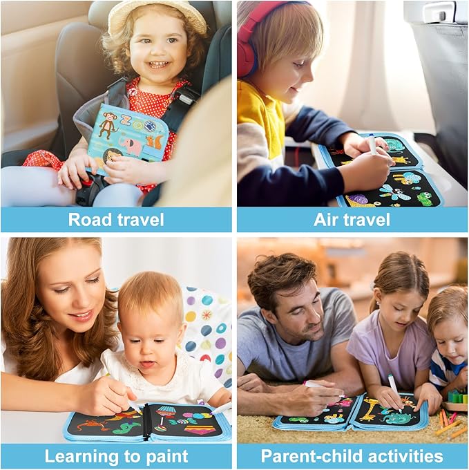 Erasable Doodle Set for Kids - Reusable Magic Drawing Book with 12 Watercolor Pens 14 Page Drawing, Road Trip Car Game Writing Painting Set for Boys and Girls (Zoo)