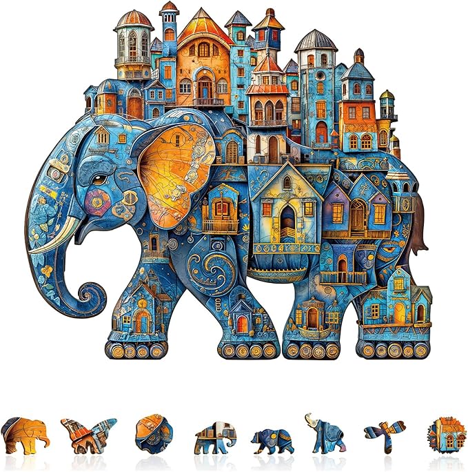 Jigfoxy Wooden Puzzles for Adults, Elephant House Wood Puzzles Adult, Unique Animal Shape Wooden Jigsaw Puzzles for Adults, Birthday Gifts for Puzzle Lovers, Family, Friend (S-8.5 * 7.4in-100pcs)