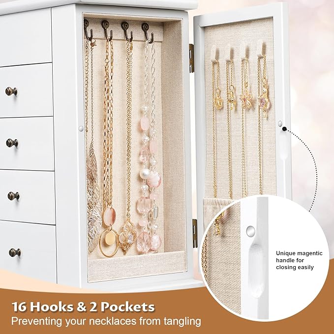 Jewelry Box for Women, 5 Layer Large Wood Jewelry Boxes & Organizers for Necklaces Earrings Rings Bracelets, Rustic Jewelry Organizer Box with Drawers and Mirror (Vintage White)