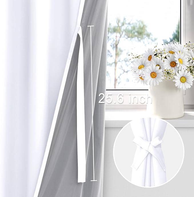 XWZO 100% Blackout Curtains 2 Panels with Tiebacks- Heat and Full Light Blocking Window Treatment with Black Liner for Bedroom/Nursery, Rod Pocket，White, W52 x L84 Inches Long, Set of 2