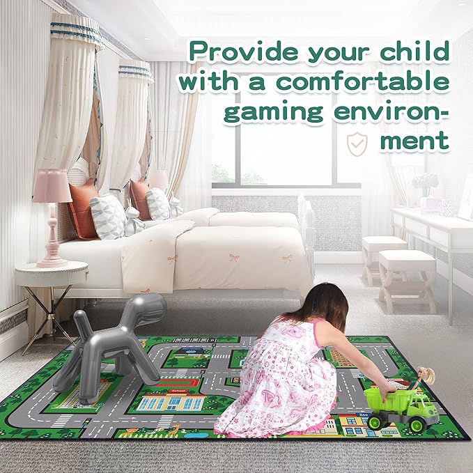 Fun Car Play Area Carpet Car Mat 3x4 Play Rug for Playroom Town City Road Map for Boys Bedroom Non-Slip Washable