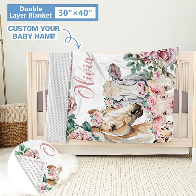 Personalized Floral Animal Crib Bedding Set, 5 Pcs Custom Baby Crib Set with Name, Double Layer Nursery Bedding Set, Soft Baby Bedding Crib Set for Girls, Customized Gift for Toddler Infant