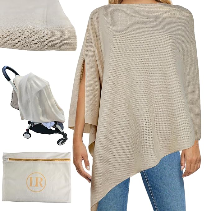 Peekaboo Knit Breathable Nursing Cover Up For Breastfeeding - Soft Organic Cotton & Cashmere Breast Feeding Covers For Women - Privacy Feature - Includes Mesh Laundry Bag (Beige)